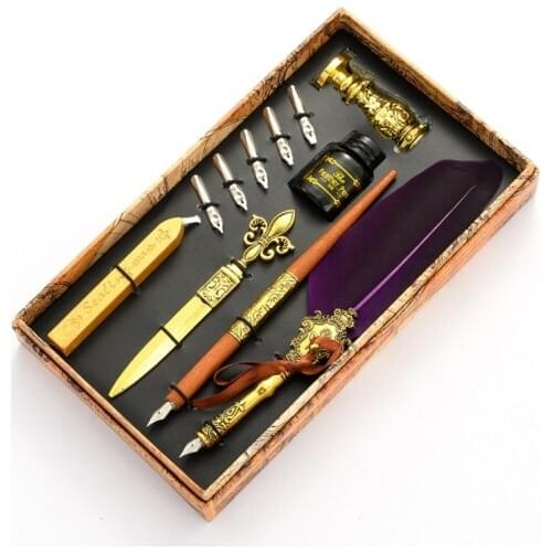 Calligraphy Quill Feather Dip Pen Fountain Writing Ink Nibs Seal Wax Gift Box 831D