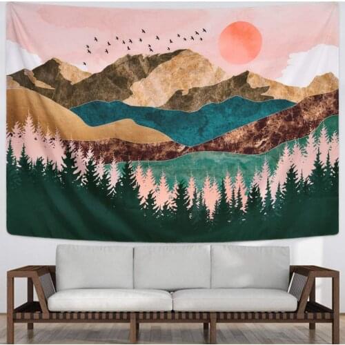 Psychedelic Forest Sun And Mountain Tapestry Wall Hanging Home Dorm Backdrop Decor Art Tapestry WallCarpet Hippie Tapestry Cloth