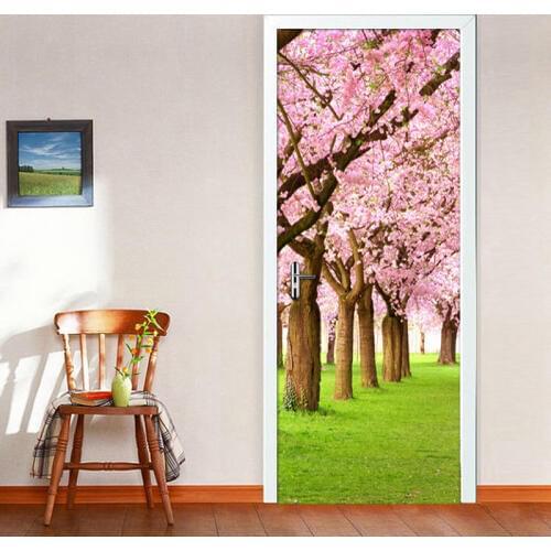 PVC Self-adhesive Creative DIY 3D Door Sticker Photo Wallpaper Cherry Blossom Tree Door Mural Home Decoration Stickers For Wall