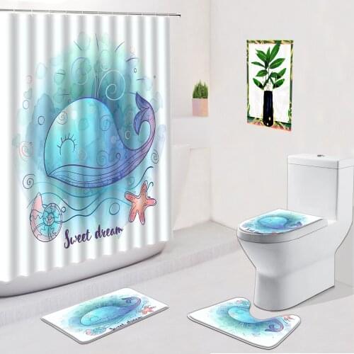 Cartoon Fish Shower Curtain Whale Ocean Animal Bathroom Decor Non-Slip Flannel Carpet Toilet Cover Pad Doormat Bath Mat Sets
