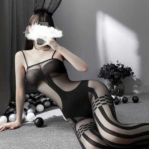 Women Sexy Spaghetti Strap See-Through Bodystockings Plaid Striped Print Patterned Bodysuit Erotic Crotchless Lingerie Tights St