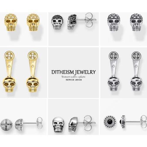 Skull Pave Stud Earrings, 2019 New Cubic Zirconia Fashion Jewelry Black Punk 925 Sterling Silver Gift For Women Men Lover