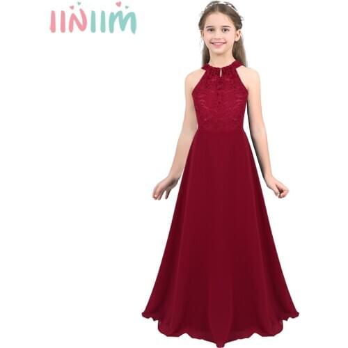 Kids Girls Chiffon Dress Floral Lace Cutout Back Flower Girl Dress Princess Elegant Wedding Bridesmaid Birthday Party Dress