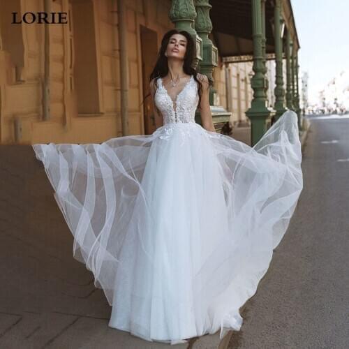 LORIE Princess Wedding Dress Lace Wedding Dresses 2020 Strap Bride Dress V Neck Backless Boho Floor Length Wedding Gown