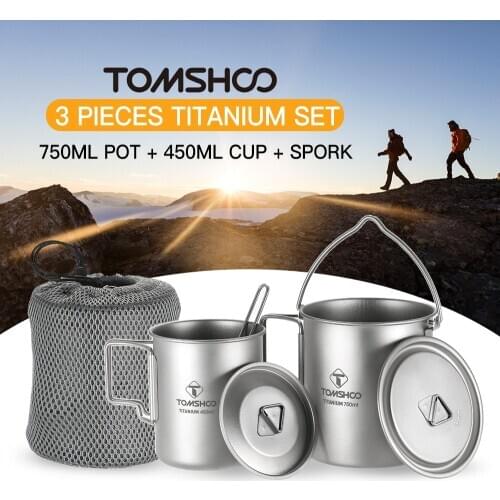 TOMSHOO 3Pcs Set Titanium Pot Water Mug Cup Lightweight Mug with Folding Spork Outdoor Camping Pot Cooking Pots Picnic Hang Pot
