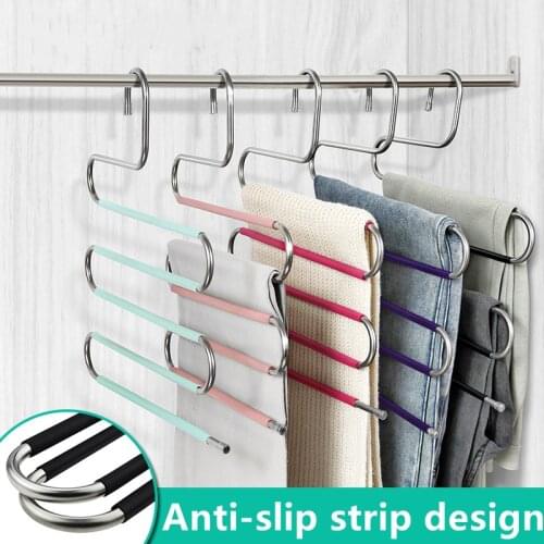 Pants Hanger 5 Tier Portable Stainless Steel S Shape Clothes Hangers Pants Storage Hangers Cloth Rack Multilayer Storage