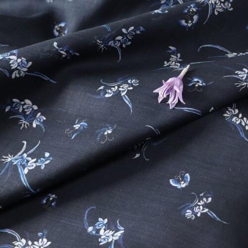 High quality natural pure ramie fabric Stone blue butterfly printing tissu Designer custom skirt dress material