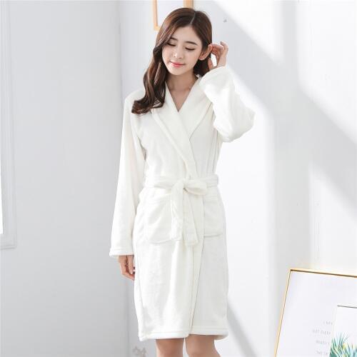 White Flannel Nightwear Women Bath Solid Robe Sleepwear Autumn Winter Dress Kimono Robe Nightdress Coral Fleece Home Clothing