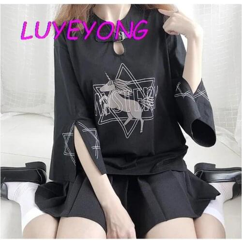 Lady Punk Hexagonal Star Letter Printed Cuff Split Three-quarter Sleeve V Neck Top Women Black Gothic Unicorn Cool T Shirt 2021
