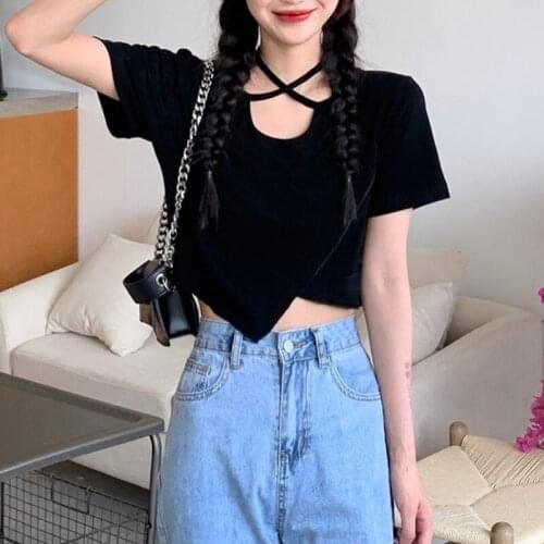Korean Fashion Bandage Design Black Tops Women Short Sleeve Slim Sexy Tshirts Femaels 2021 Summer Y2k Vintage Casual Blouse