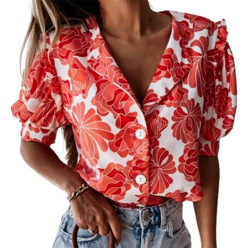 Shirt women new fashion 2021 Floral Print Ruffles Single-breasted Short Sleeve Summer Blouse Office Lady Top Street wear