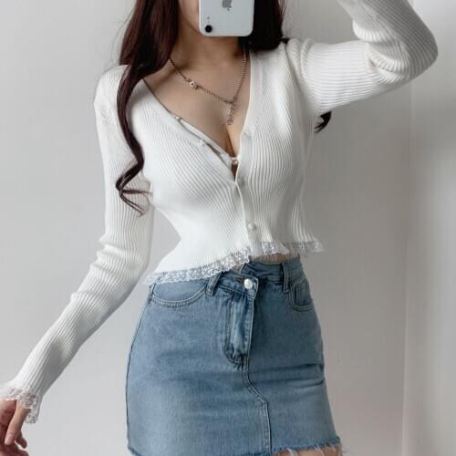 Summer New 2021 Full Sleeve Sexy Lace V Neck Girl Female Knitting Short Exposed Navel Womens Tops T Shirt Button 737D