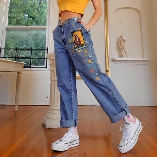 Womens Jeans Star Cartoons Pattern Printed 2020 Autumn Winter Denim Trousers fit Young Girl Vintage Cute female Jeans Pant Blue
