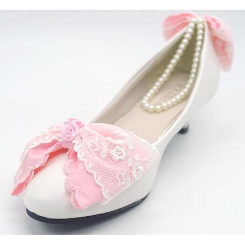 PINK bow wedding shoes woman sweet handmade low high middle heel custom lace butterfly-knot elastic band bridal wedding shoes