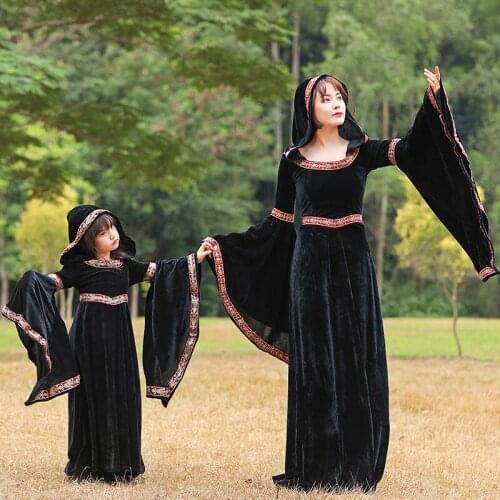 Childrens Halloween Vampire Witch Woman Dress Costume with Hood Medieval Palace Drama Stage Performance Black Wine Mysterious