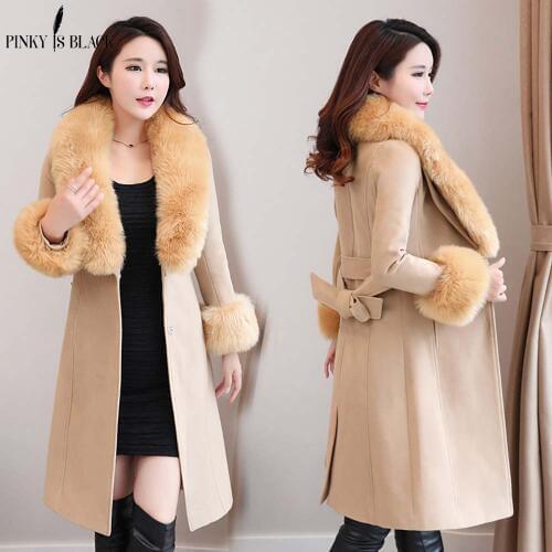 PinkyIsblack 2019 Autumn And Winter coat women Woolen outerwear female slim medium-long large fur collar wool coat and jacket