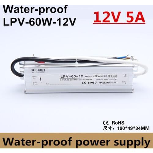 DC 12V 5A 60W 90V-260V transformer Aluminum case IP67 Waterproof LED driver Power Supply Adatper for LED Strip Lights lpv-60-12