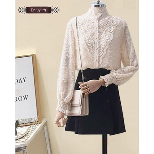 2020 Women Female Turtleneck Tops Long Sleeve Korean Style Design Elegant Lady White Lace Vintage Basic Shirts Blouses E139