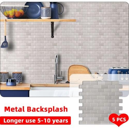 5PCS Silver Brick Wall Sticker Peel and Stick Tile Metal Backsplash Waterproof Durable Decorate Home Bathroom Kitchen Background