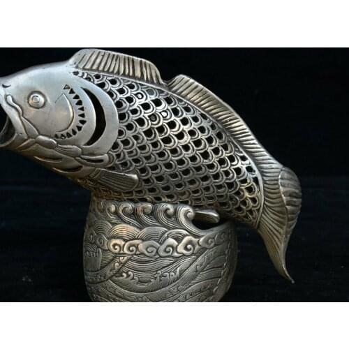 6" Old China Silver Fish Animal Incense Burner Censer Incensory Thurible Statue