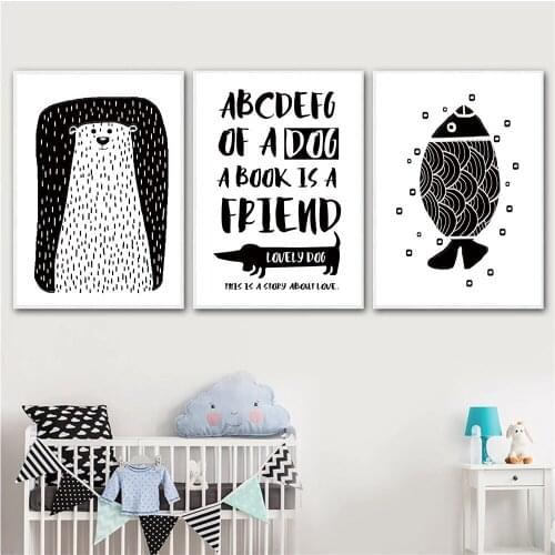 Abstract Bear Animal Wall Art Poster And Print Fish Posters Black White ABC Alphabet Canvas Painting Nordic Baby Kids Room Decor