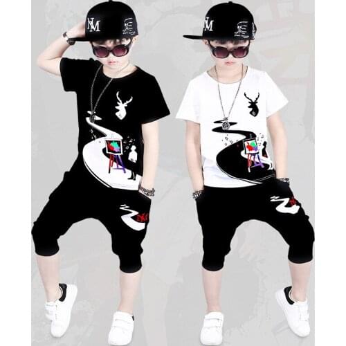 Childrens Summer Boys' Clothes 2019 New Summer Short-sleeve Shirts Two-piece Sets Cotton teenage size 110 120 130 150 160