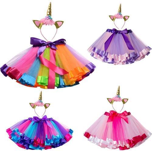 Children Tutu Skirts Girls Summer Mini Ball Gown Baby Girls Clothes Kid Rainbow Skirt Bowknot Outfits Unicorn Headband Outfits