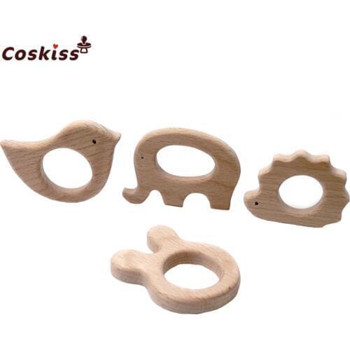 DIY Baby Teether Toys Organic Natural Beech Wooden Elephant-Bird-Hedgehog-Rabbit Hand Cut Grasping Toys Baby Wooden Teether Gift