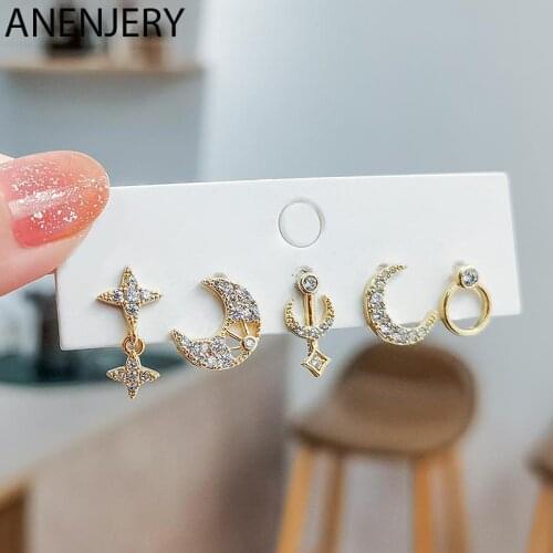 Evimi 6 pieces/set 925 Sterling Silver Micro Zircon Star Moon Stud Earrings Set for Women Girl Simple Jewelry Wholesale