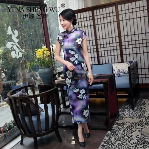Purple Qipao Dresses Women Satin Daily Casual Dress Summer Long Qipao Print Flower Chinese Cheongsam Party Wear Plus Size S-3XL