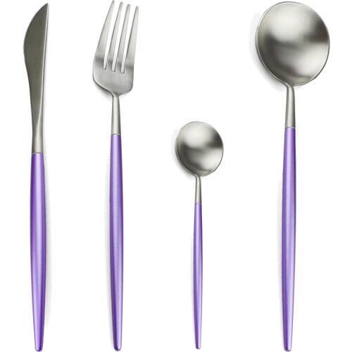 JANKNG 24 Pcs Rainbow Purple Dinnerware High Quality 18/10 Stainless Steel Knife Fork Spoon Cutlery Kitchen Food Tableware Set