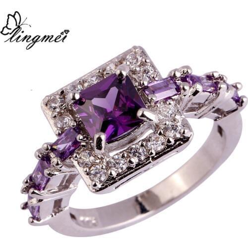 Lingmei Wholesale Fashion Women Noble Princess Cut Purple White CZ Silver Color Ring Size 6 7 8 9 10 Jewelry Free Shipping