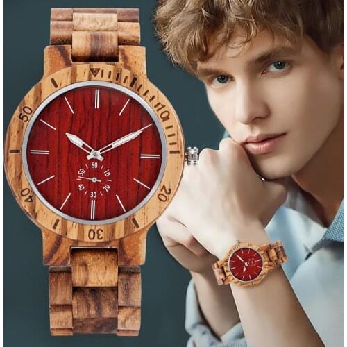Retro Red Brown Dial Striped Strap Full Wood Case Wooden Quartz Watch Men Women Wristwatches Gift to Girlfriend Mum Dad Relogios