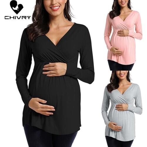 New Maternity Clothes Pregnant Women Maternity Autumn Winter Long Sleeve V-neck Solid T Shirts Nursing Tops For Breastfeeding