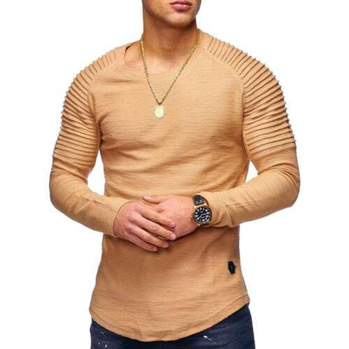 2018 New Fashion Mens Round Neck Slim Solid Color Long-sleeved T-shirt Striped Fold Raglan Sleeve Style T shirt Men Tops Tees