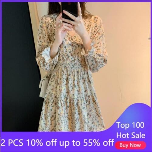 Dress For Women Autumn Chiffon Western Style V-neck Slimming High Waist Slimming Floral Dress Long Sleeve Female Dress