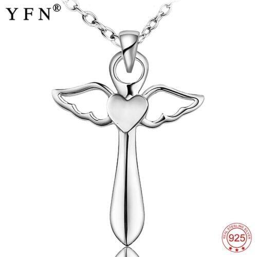 Genuine 925 Sterling Silver Cross Necklace Fashion Jewelry Angel Wings With A Heart Pendants Necklaces Holiday Sale GNX8780