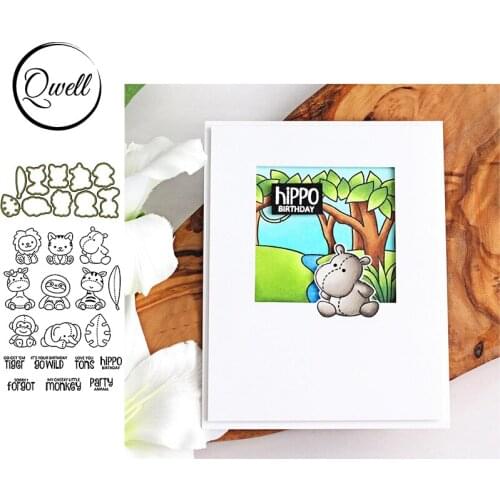 QWELL Giraffe Monkey Metal Cutting Dies With Clear Stamps Party Animal DIY Scrapbooking Craft Paper Cards Making Template 2020