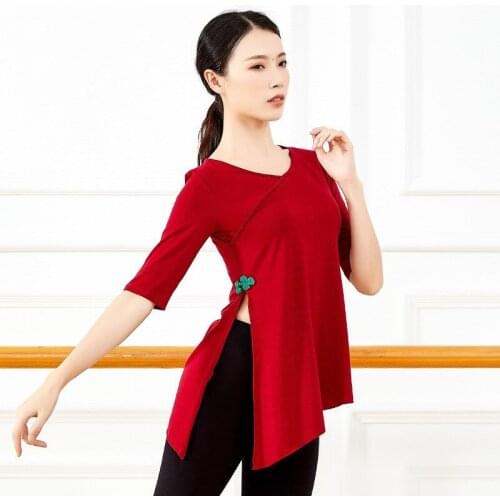 V Neck Modern Dance Dress 1/2 Sleeve Split Side With Chinese Frog Classical Dancewear Loose Hem Yoga Practice Clothing Adults