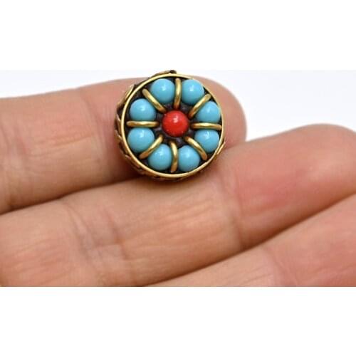 TZ-F01 Antique Nepal Handmade Six-word mantra Brass With Synthetic Coral And Turkey stone Bracelet DIY Bead For Necklace Making