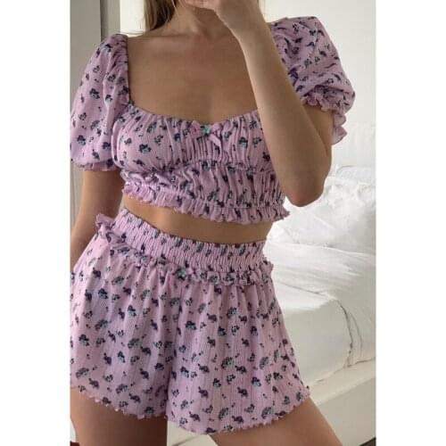 Spring 2021 High Waist Elastic Fold Bow Decorated with Floral Print Short Casual Pants DLZK223