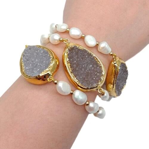 YYGEM 3 Strands natural White Baroque Freshwater Pearl Teardrop Quartz Druzy rough statement Bracelet 8"
