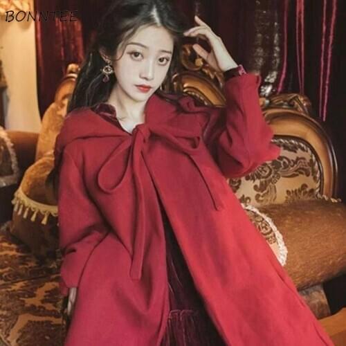 Women Wool Plus Size 3XL Solid Hooded Belt A-line Long Outwear Winter Sweet Students All-match Casual Fashion Warm Blends Chic