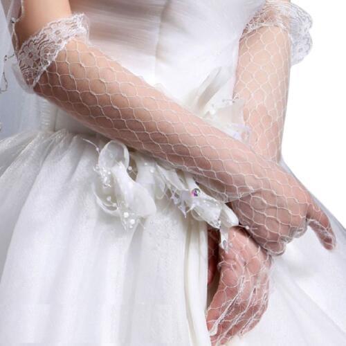 Womens White Stretchy Elbow Length Bridal Wedding Long Gloves Full Finger Rhombic Mesh Floral Lace Trim See Through Prom Party