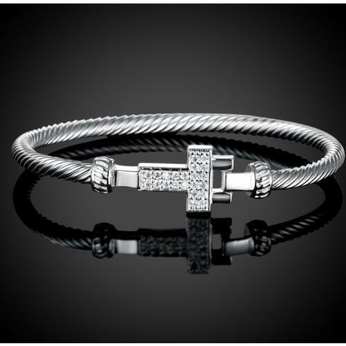 High Quality 925 Sterling Silver Woman Bangle Bracelet Fashion Lady Elegant Bangle Wristband Bracelet Crystal Cuff Bling