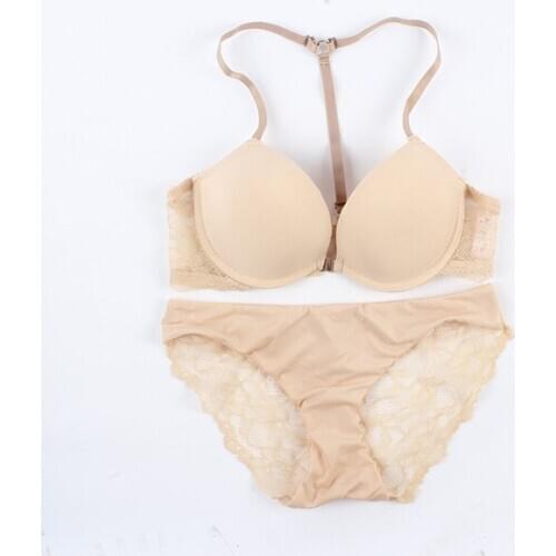 Women Lace Back Front Closure Underwire Push Up Bra Set Lady