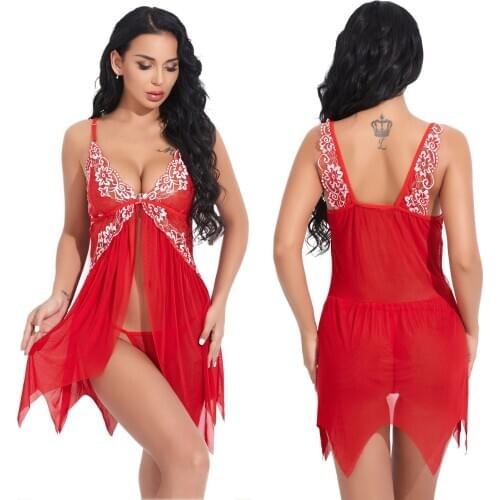 Women Sexy Lingerie babydoll Underwear Erotic Dresses See-through Lace Sleepwear Nightdress + Thong Sexy Costumes Sex Dress