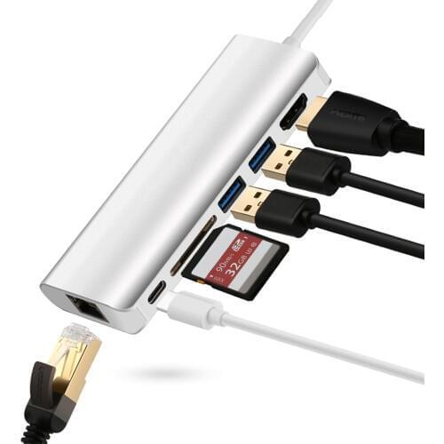 6 in 1 USB 3.1 Type C HUB with Type C PD Power 4K Video HDMI SD Card Reader Gigabit RJ45 Ethernet Adapter USB 3.0 Hub