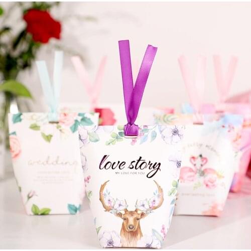 60pcs/lot New Colorful Pillow Box Ribbon Bow Present Carton Pouch Kraft Paper box Wedding Favors Gift Boxes Wedding Party Supply