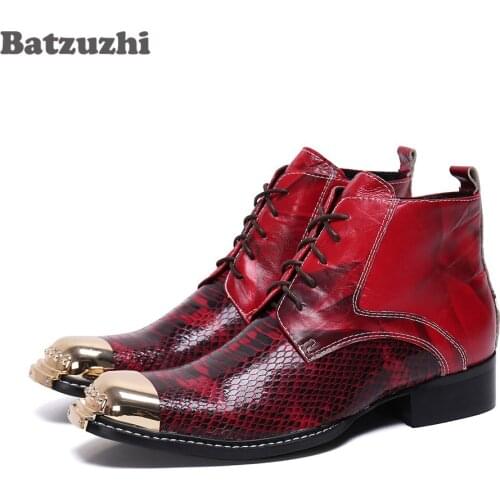 Batzuzhi Luxury Handmade Men Shoes Genuine Leather Boots Men Short Ankle Lace-up Red Party and Wedding Boots Man chaussure homme